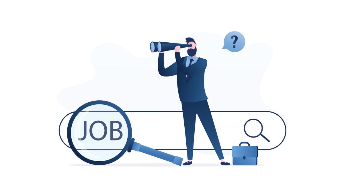Illustration of a man searching for a job with binoculars beside a large magnifying glass labeled ‘JOB,’ symbolizing uncertainty and the job hunt after a layoff.