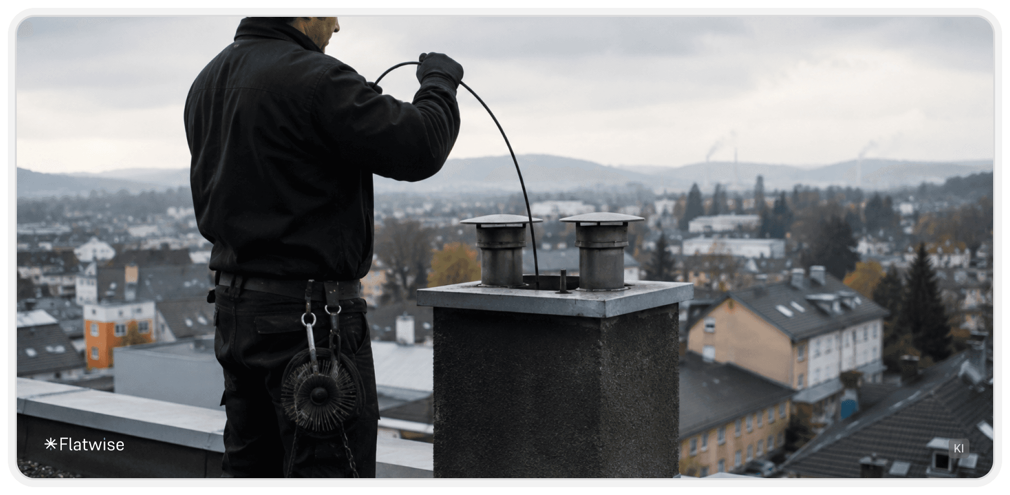 Rauchfangkehrer reinigt einen Schornstein auf dem Dach eines Wohngebäudes mit professionellem Kehrwerkzeug. Das Bild zeigt die regelmäßige Schornsteinreinigung zur sicheren Funktion von Feuerstätten. KI-generiertes Bild
