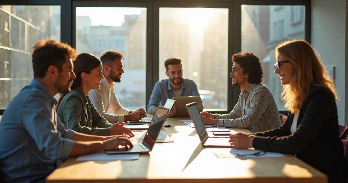 Trabalhadores em reunião analisando opções financeiras na mesa