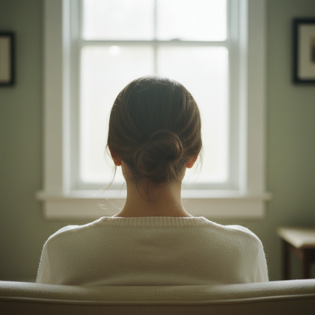 A person seen from behind sitting quietly facing a window