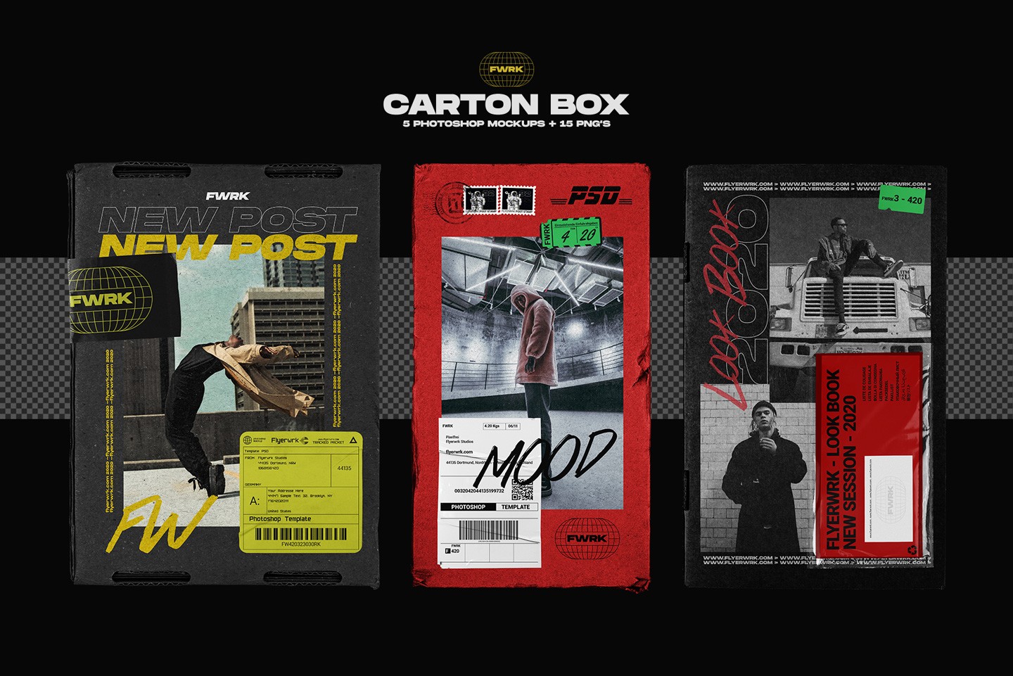 Carton box delivery mockups with multiple shipping box design examples and labels