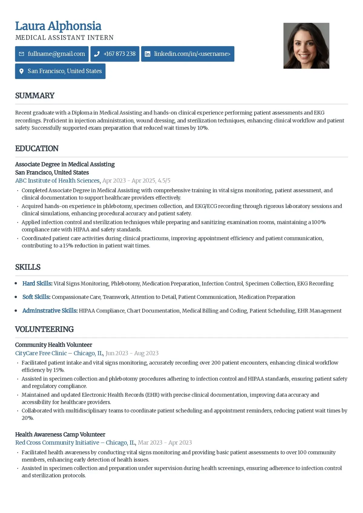 Medical Assistant Internship Resume Example