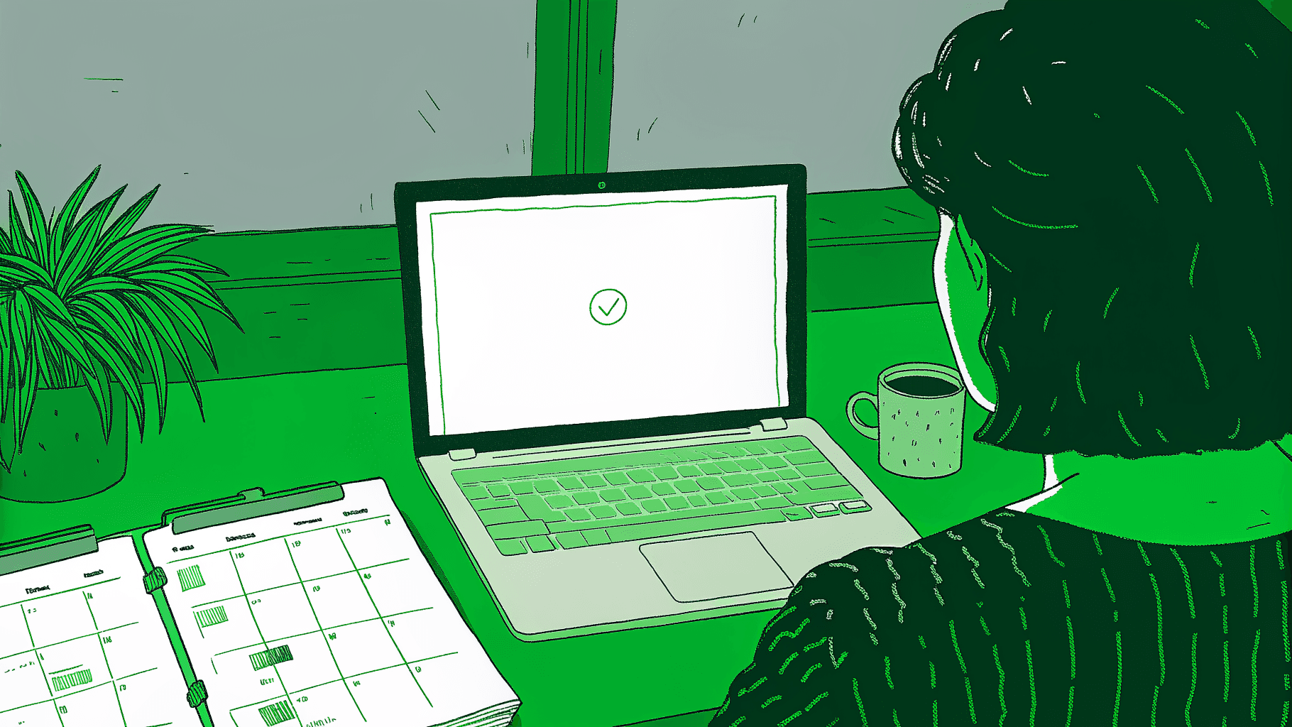 person at laptop after submitting Illinois unclaimed property claim, waiting with documents and calendar