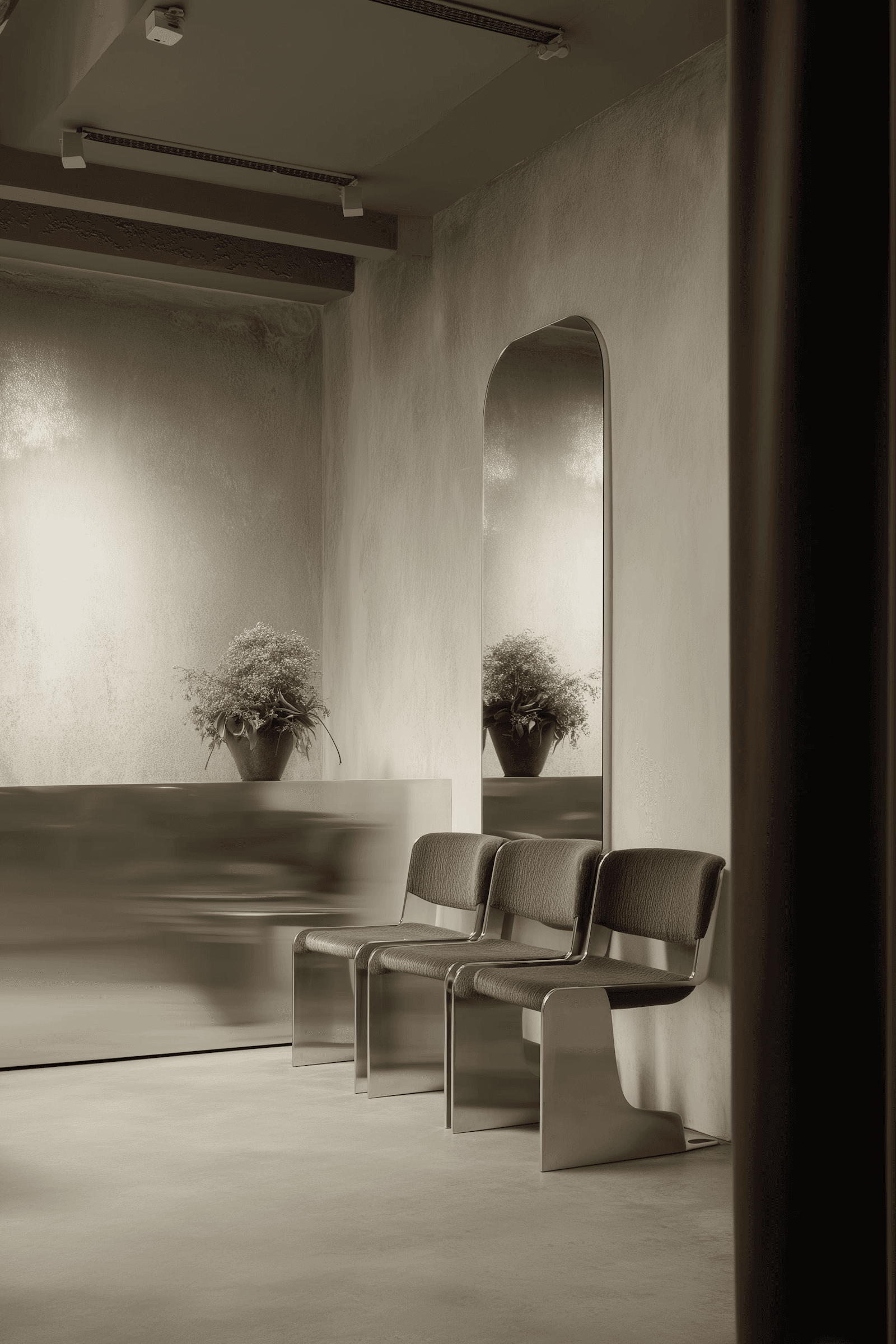 Minimalist waiting area with beige upholstered chairs, arched doorway, soft ambient lighting, potted plants, and neutral plastered walls