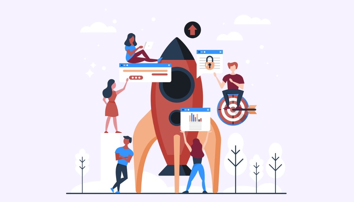 Illustration of a diverse team collaborating around a rocket launch, with symbols of coding, security, data, and goal-setting.