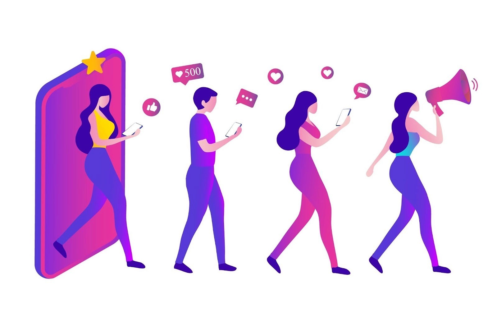 `Influencer on a phone screen driving audience engagement with likes, messages, and follower growth