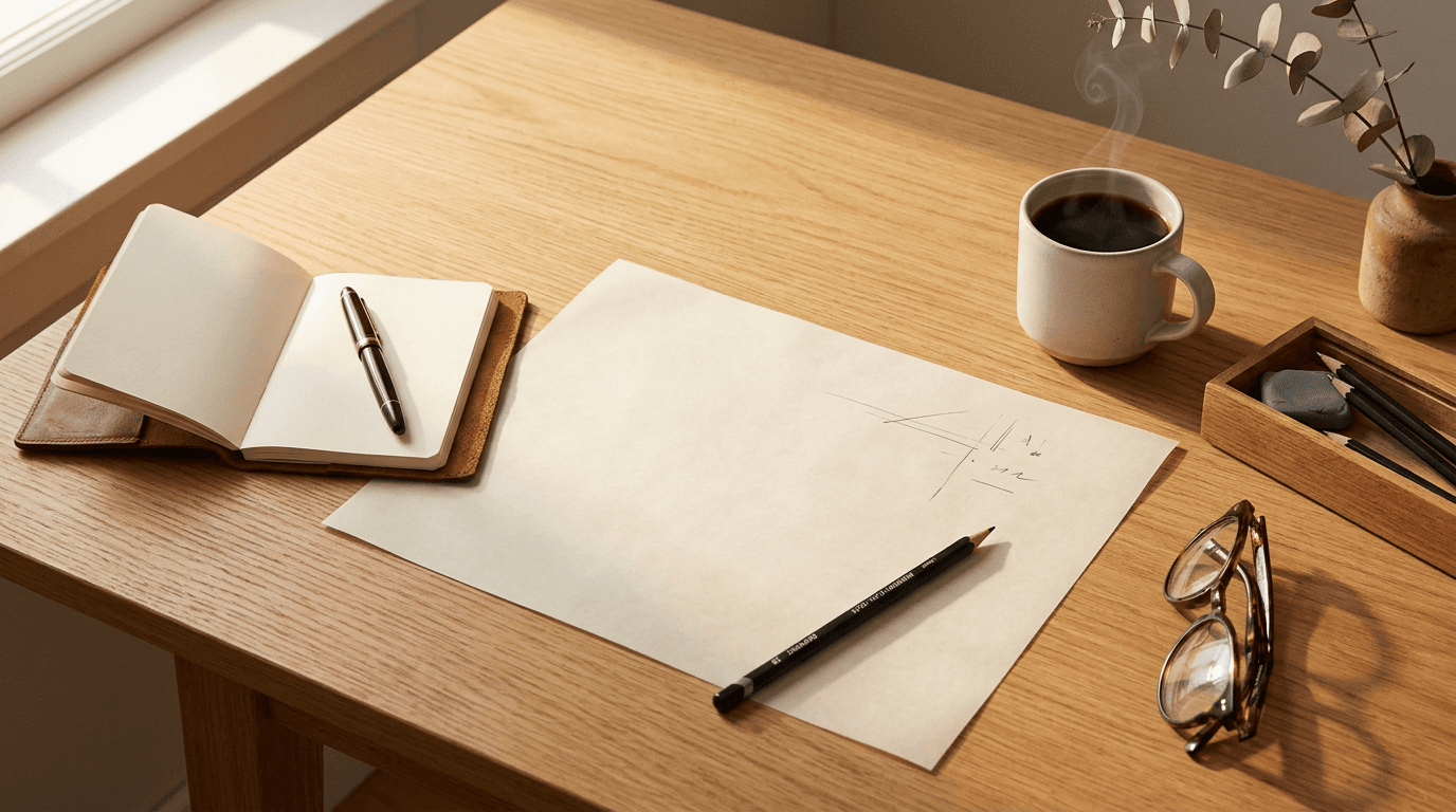 Architect's worktable with fresh tracing paper, pencils, and      coffee at the start of a project.