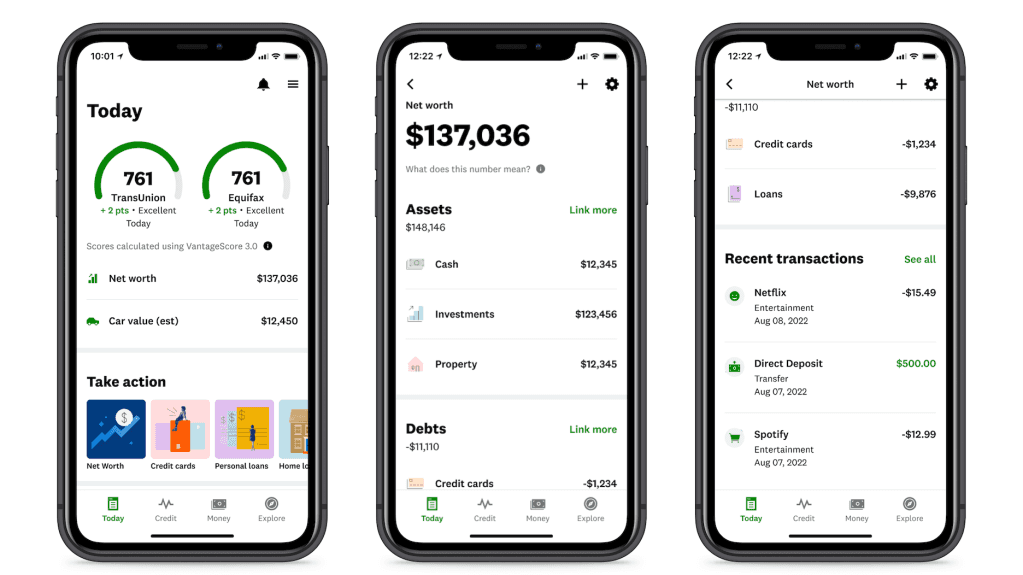 Three Monarch Money app screens showing a personal finance dashboard with credit scores, net worth, assets, debts, and recent transactions.