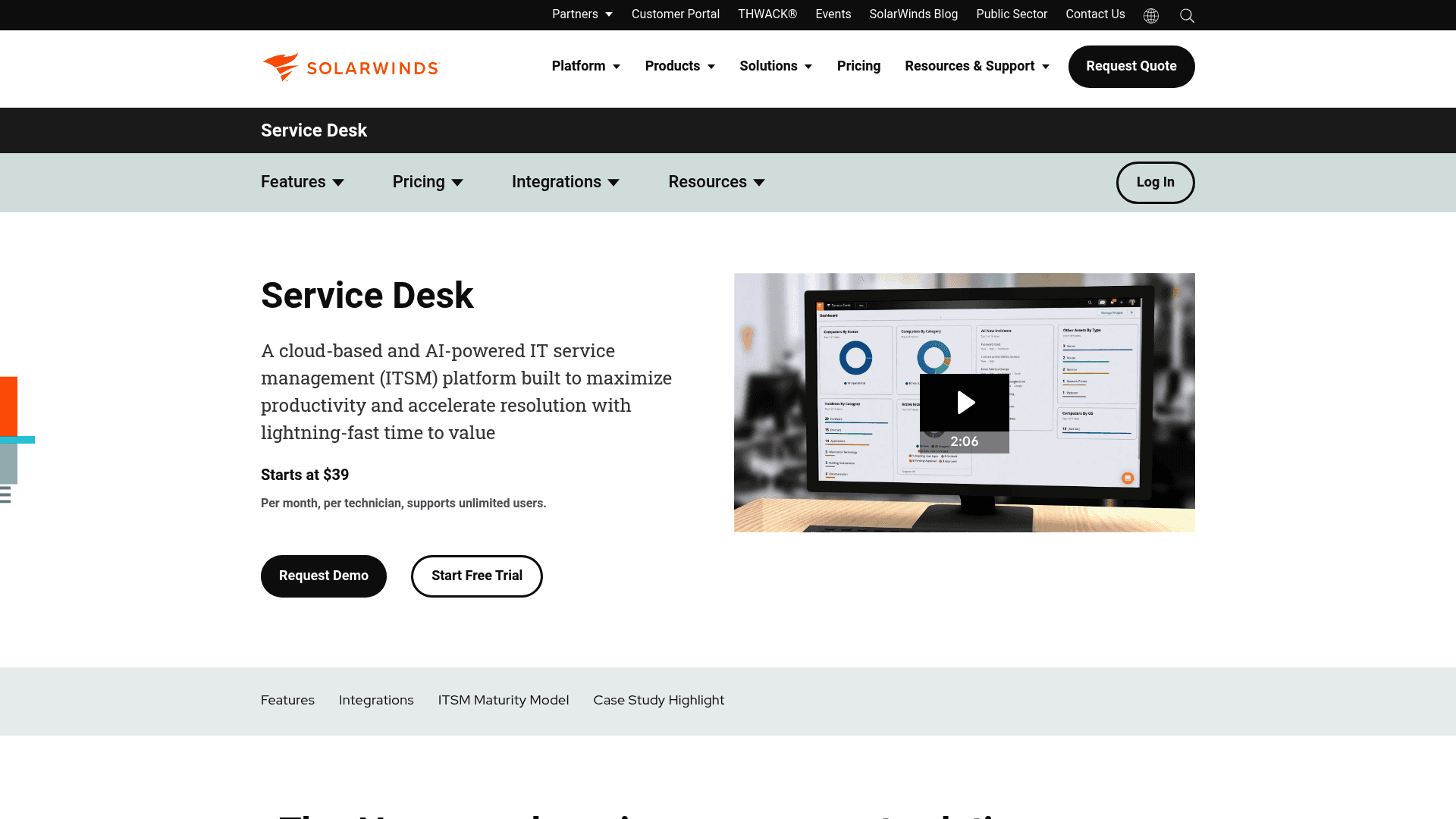 A screenshot of the SolarWinds Service Desk website, an all-in-one platform and one of the Best Software License Management Tools for Jira.