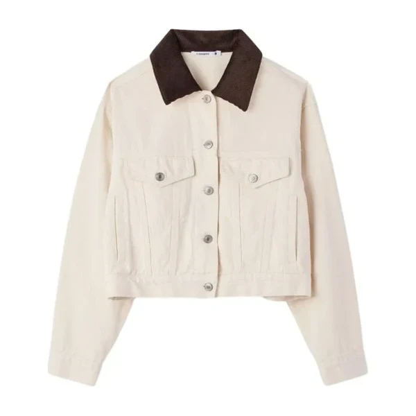 Giacca in denim panna con collo marrone