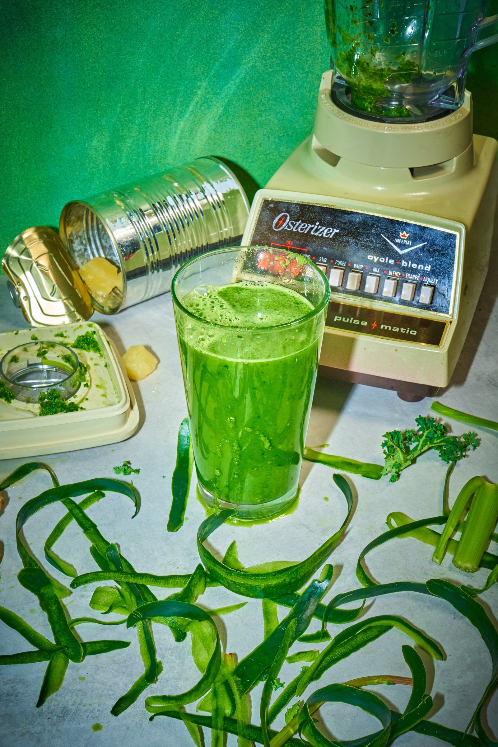 Bright green cocktail and pepper still life for Paddy’s Pub