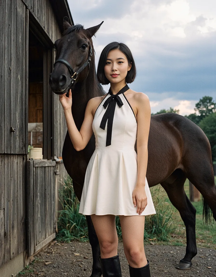 Elegant white halter dress with black bow tie detail styled with a dark brown horse beside a rustic wooden barn under cloudy skies