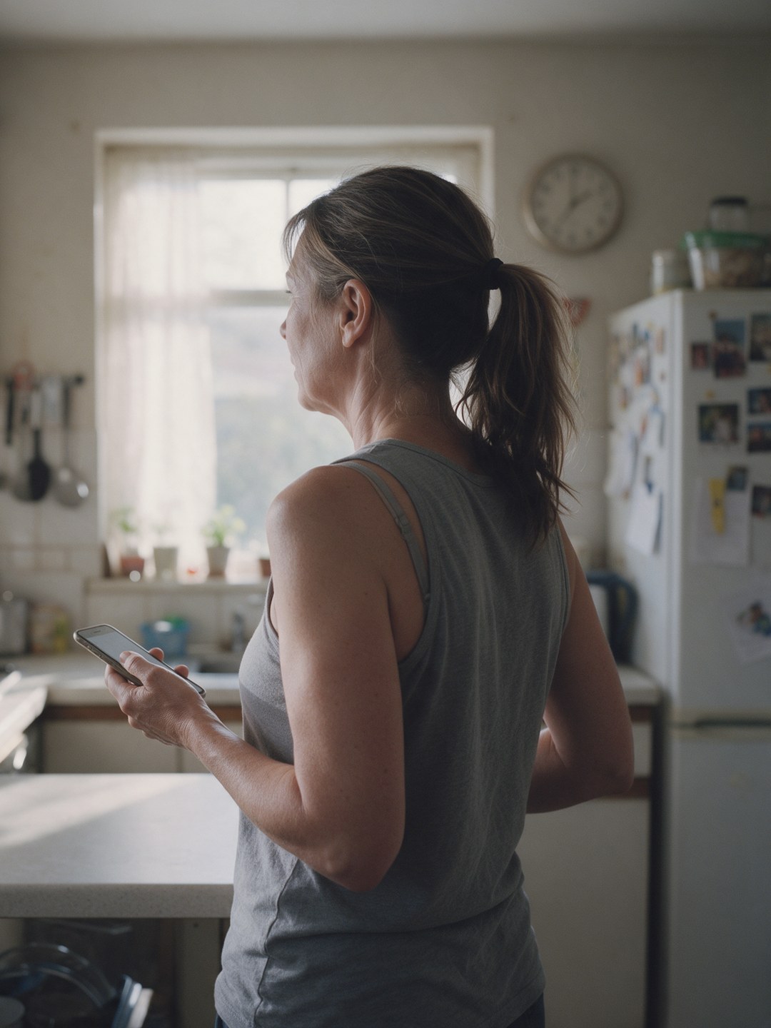A woman with her hair in a ponytail standing in her kitchen in morning light, looking toward the window, a phone in her hand