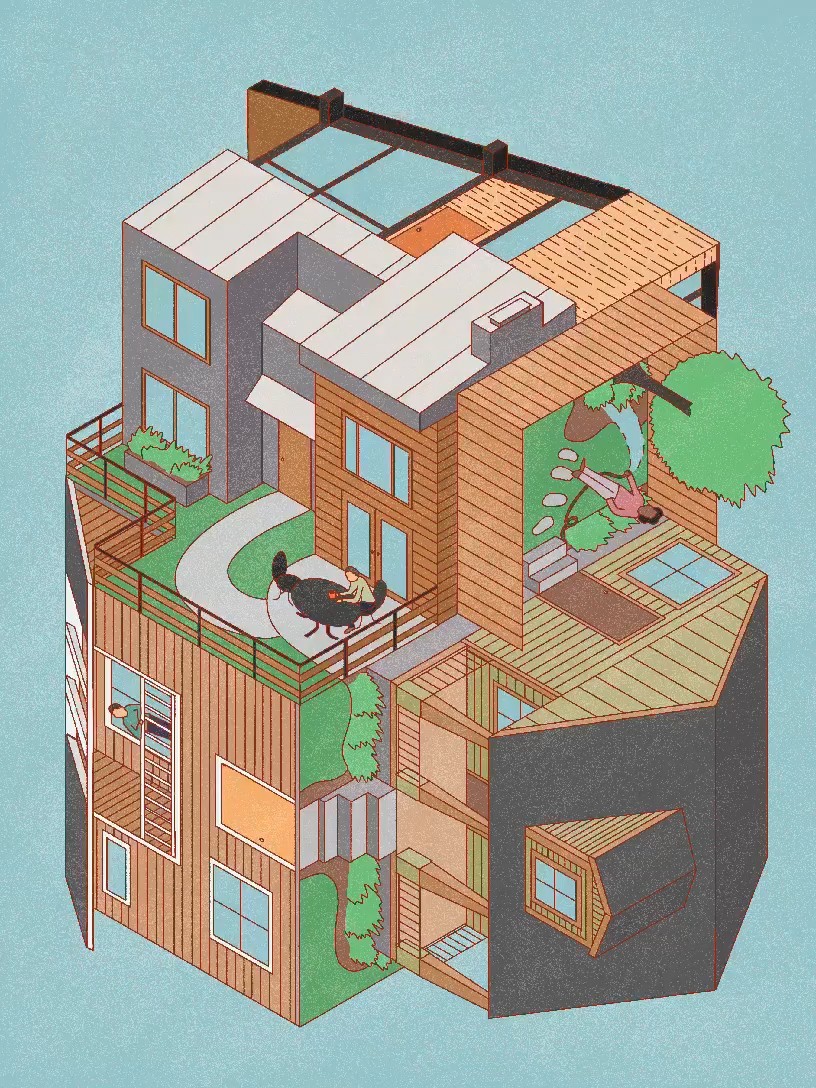 Illustration of houses in multiple planes