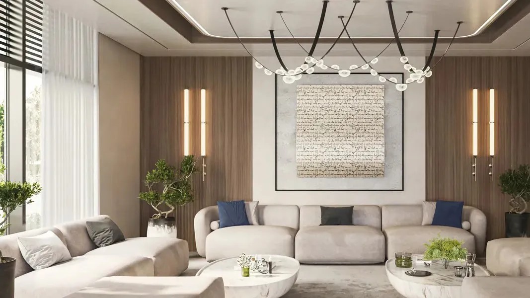 A modern living room featuring a large painting on the wall, styled in a Binghatti Vintage aesthetic.