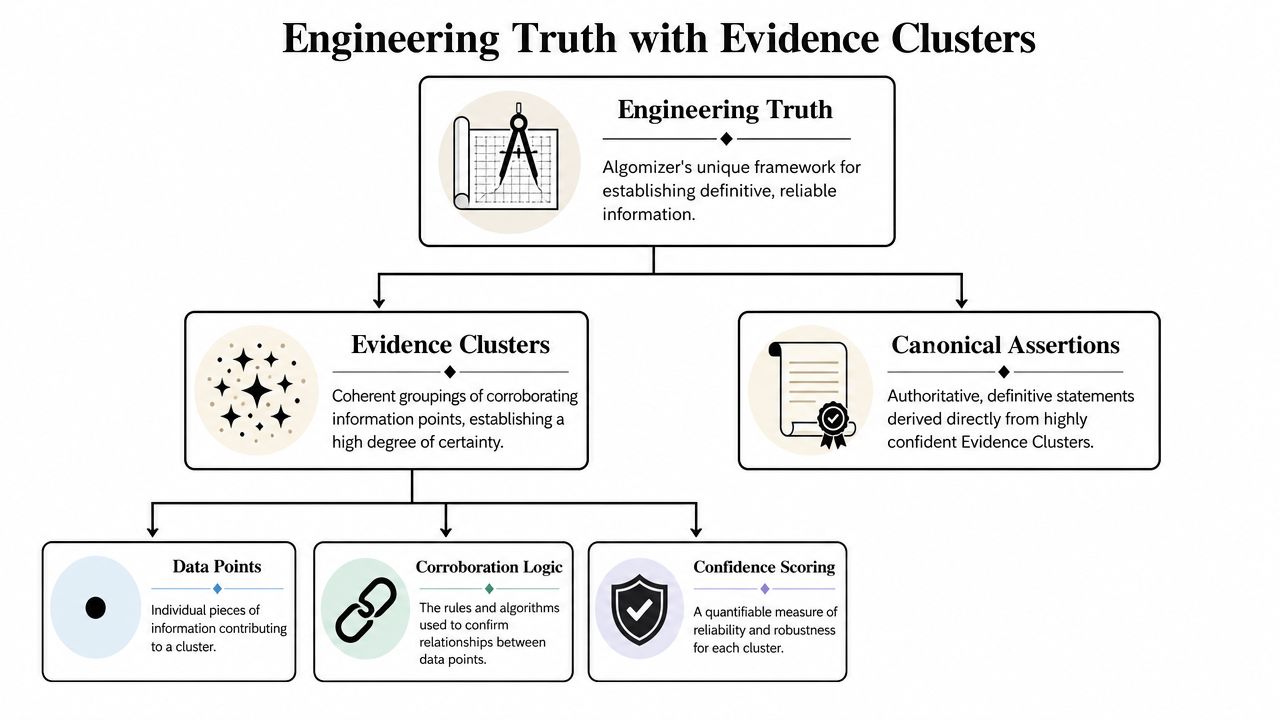 A diagram illustrating the Engineering Truth with Evidence Clusters framework, showing relationships between data, logic, and assertions.