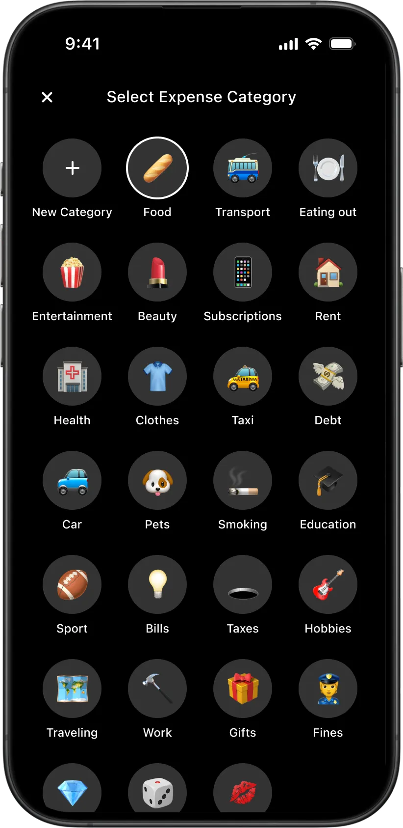 Expense category selector in the Wudget budgeting app with emoji-based categories for everyday spending tracking.