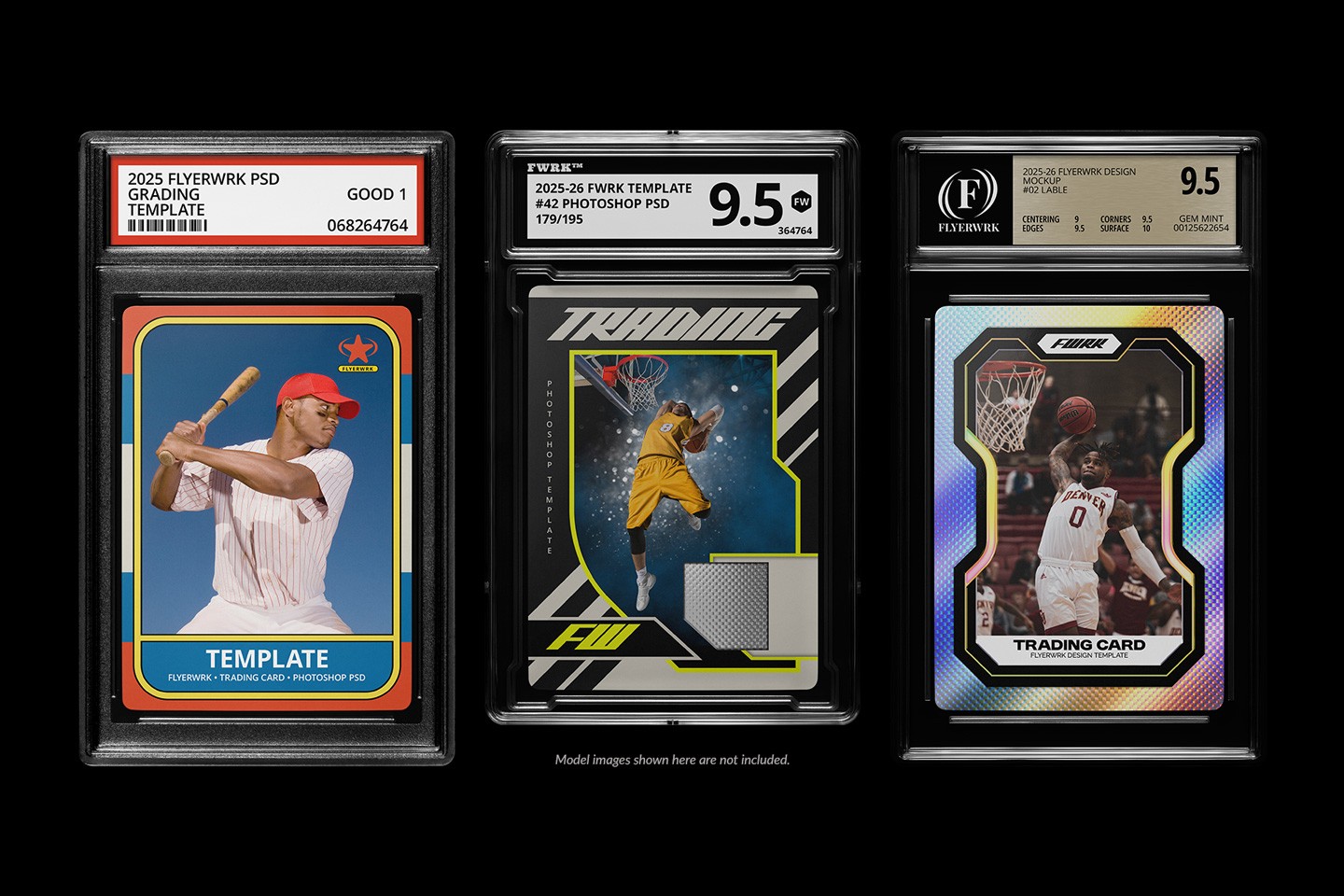 Trading card case mockups preview showing sports card designs inside graded slabs
