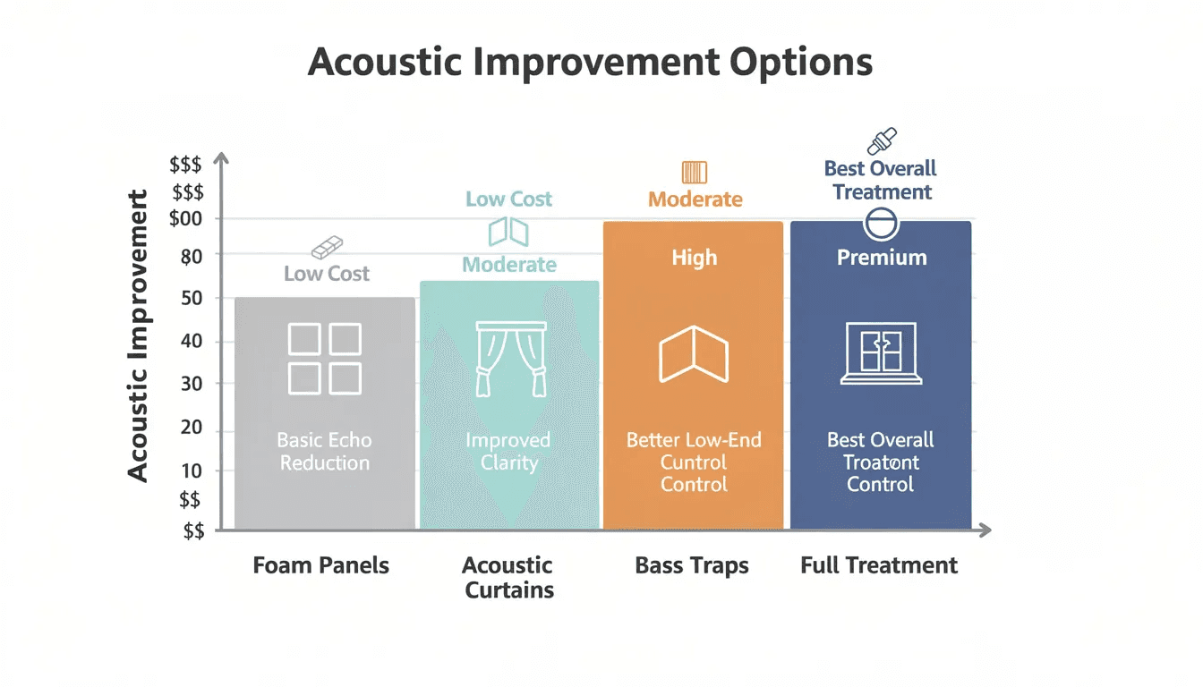 Wizualizacja porównawcza przedstawiająca różne opcje poprawy akustyki wnętrza w zależności od przedziału cenowego, w tym panele akustyczne, pianka akustyczna oraz dyfuzory akustyczne, które mogą pozytywnie wpłynąć na komfort akustyczny w każdym pomieszczeniu. Grafika ilustruje, jak różne materiały mogą tłumić niepożądane dźwięki oraz poprawić warunki akustyczne w otwartej przestrzeni.