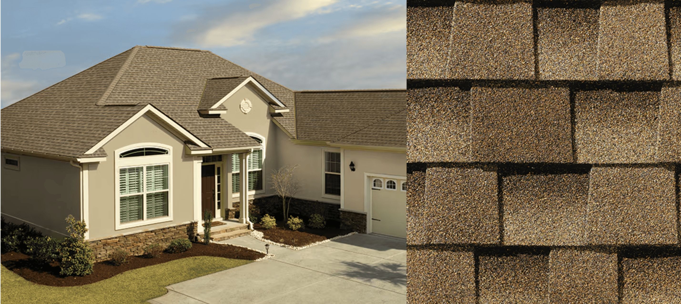 Combined beauty shot and swatch for GAF Timberline HDZ Shakewood shingles.