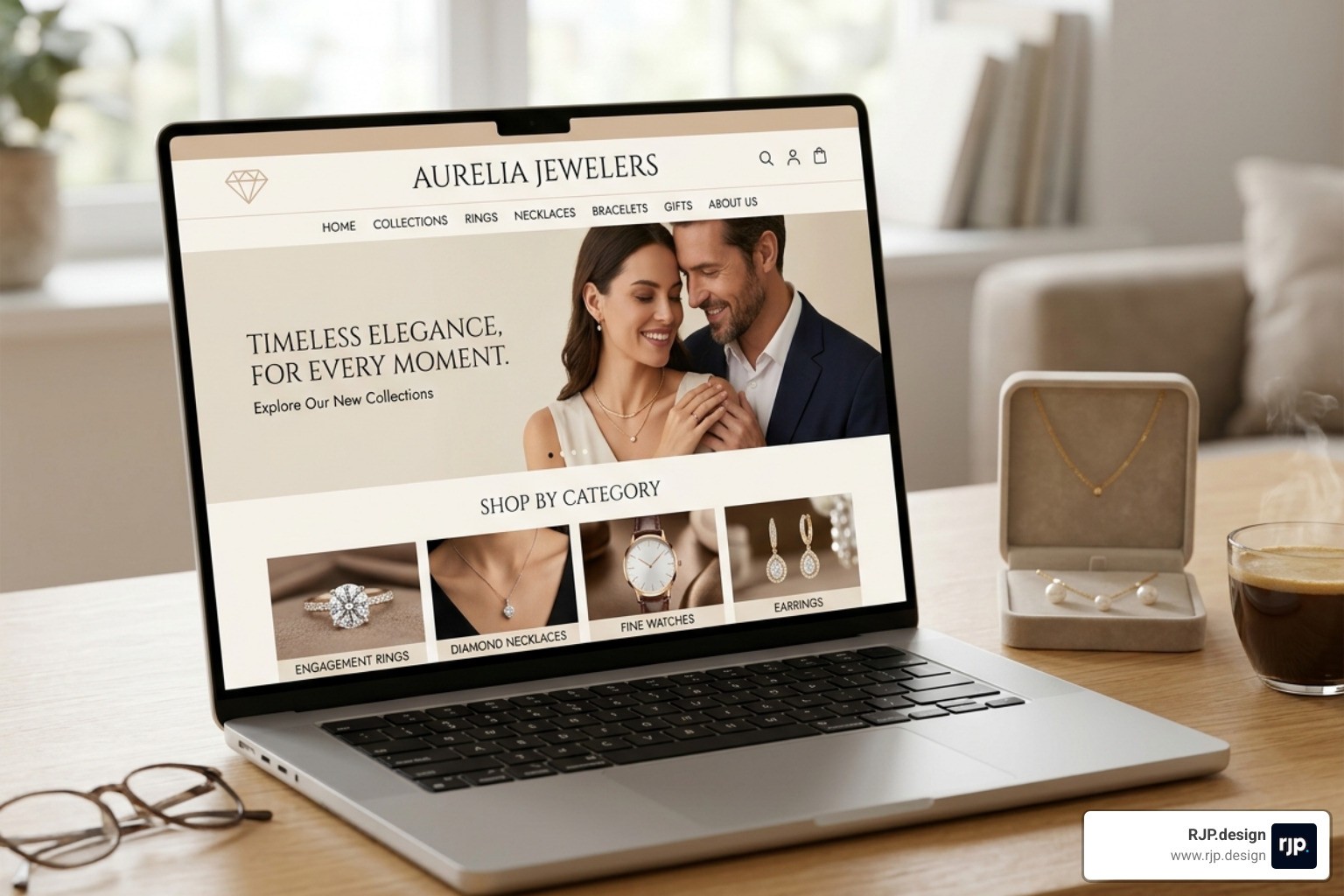 High-conversion jewelry product page showing zoom features, financing options, and trust badges - jewelry store website