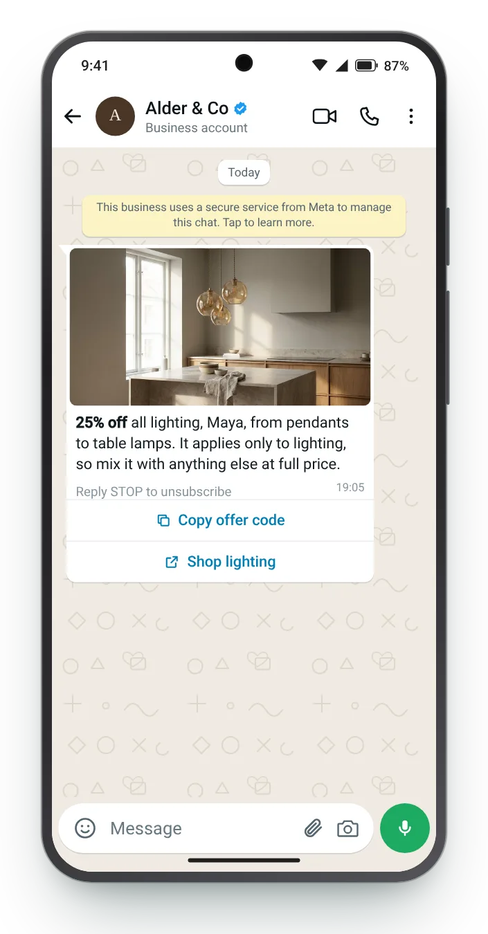 Lighting only: WhatsApp coupon code message on an Android phone