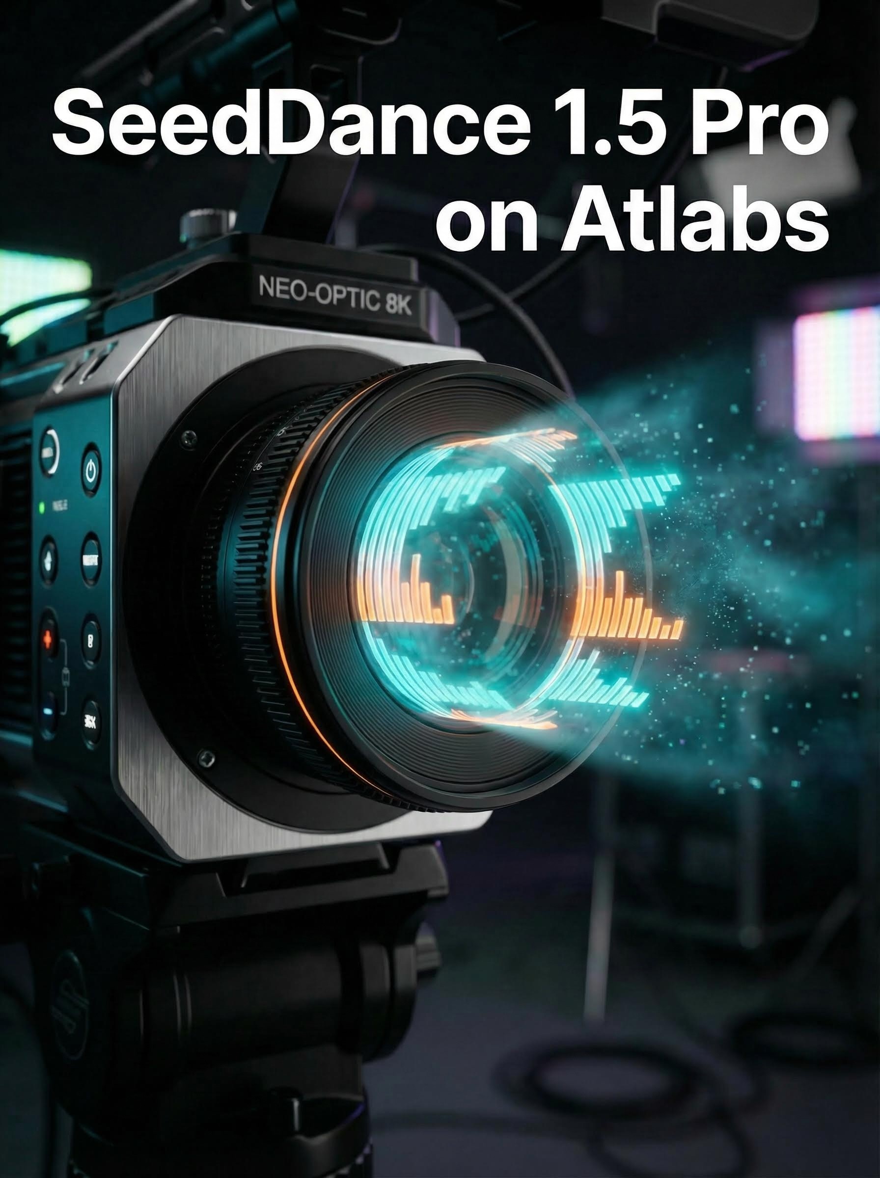 Subject: A hyper-realistic, extreme close-up of a futuristic cinema camera lens. Action/Details: The glass of the lens is not reflecting the world, but is instead emitting vibrant, glowing 3D digital sound waves (audio visualizer bars) that flow outward into the room. The sound waves are a mix of neon cyan and electric orange, contrasting with the sleek matte black and brushed aluminum texture of the camera body. Atmosphere & Lighting: Dark, moody, professional film studio atmosphere. Volumetric lighting cuts through the darkness, illuminating the "dust" particles in the air which look like tiny pixels. Style: 8k resolution, octane render, photorealistic, cinematic depth of field (blurring the background heavily to focus on the lens and sound waves), high contrast, tech-noir aesthetic. Composition: Centered composition with negative space on the sides for text overlays.