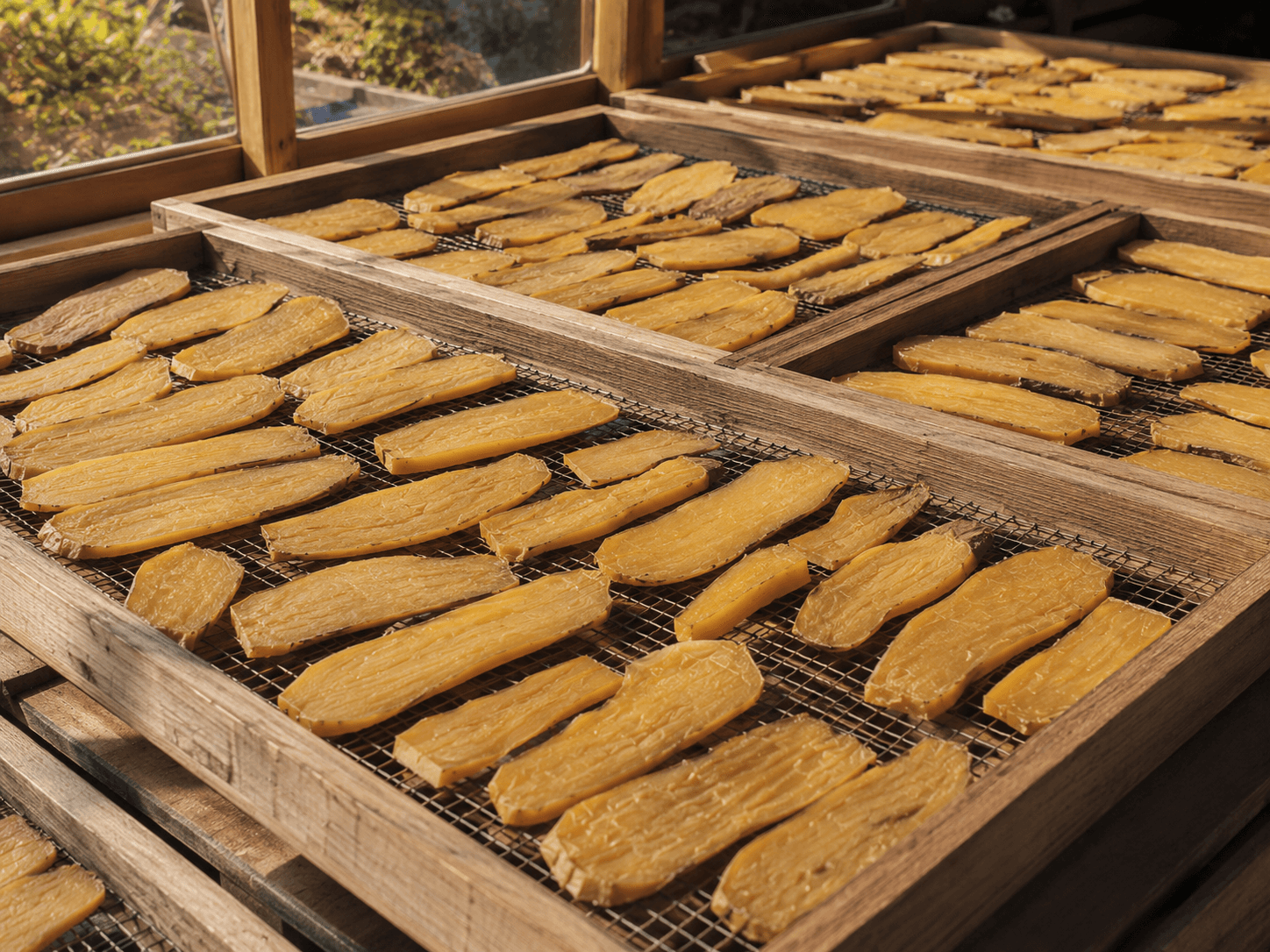 Sweet potato slices arranged on drying racks during preparation.