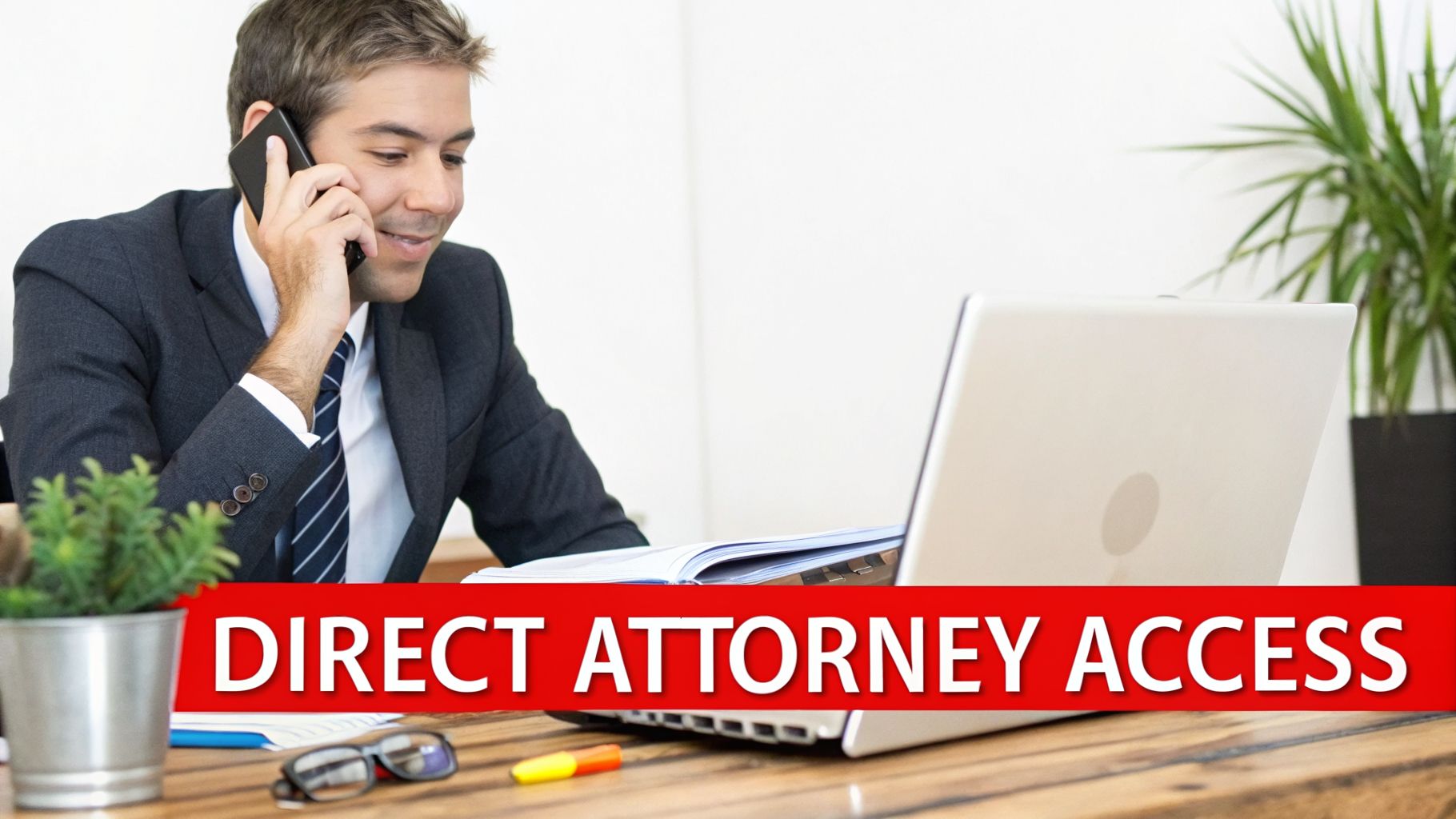 A professional man in a suit talks on the phone, working on a laptop, with 'DIRECT ATTORNEY ACCESS' banner.