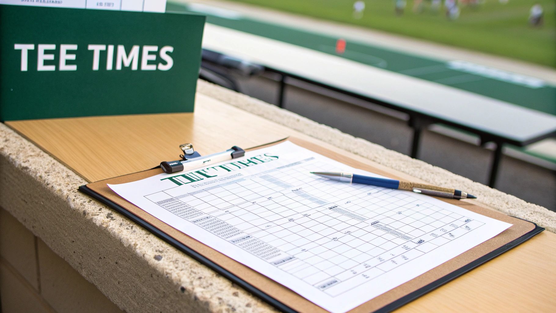 Golfers looking at a tee sheet schedule on a sunny day
