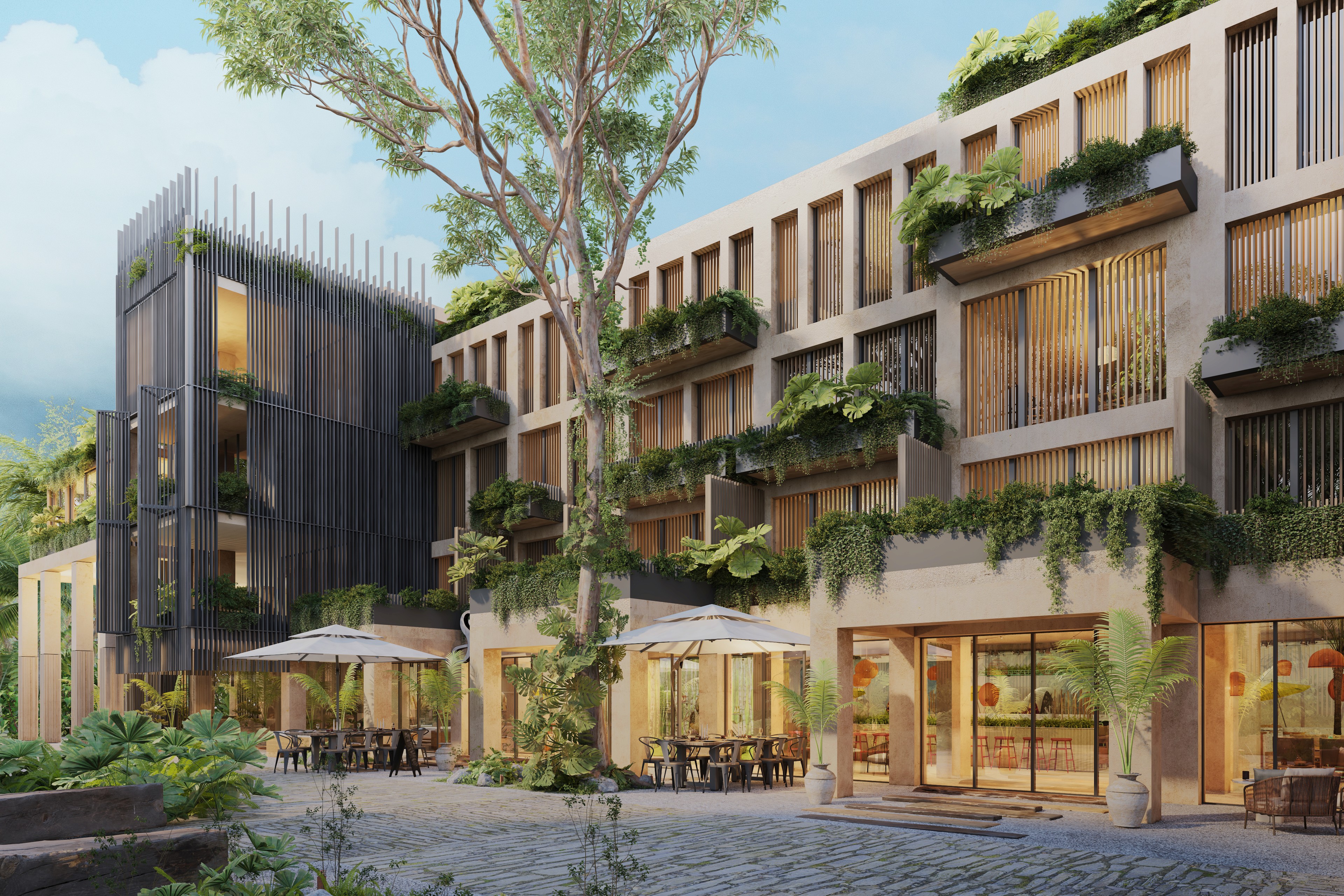 Aerial view of a winding road surrounded by dense green and yellow trees, showcasing nature’s vibrant colors.