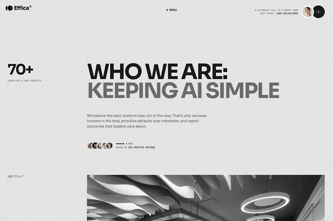 An about section headed Who We Are, pairing a short mission statement with a completed projects stat.