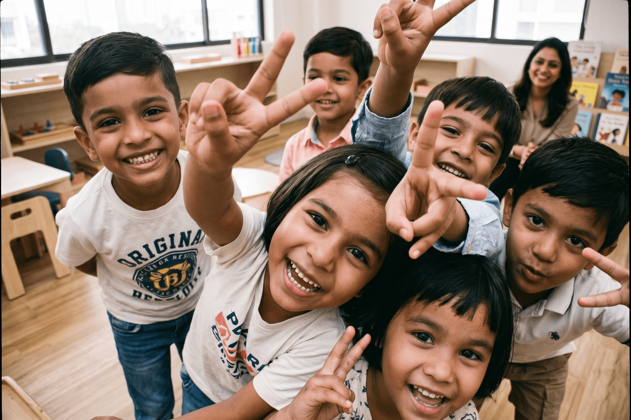 five children smiling while doing peace hand sign