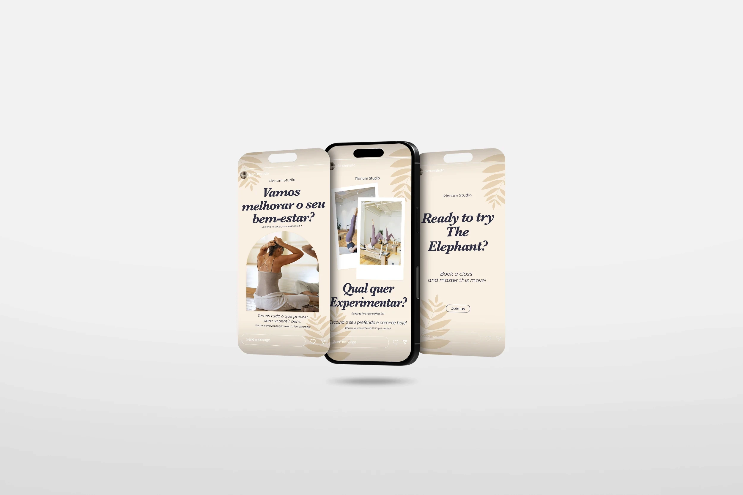 Social media design for Plenum Pilates Studio displayed on smartphone screens, showcasing wellness branding and Instagram story layouts for a luxury Pilates studio in Lisbon.