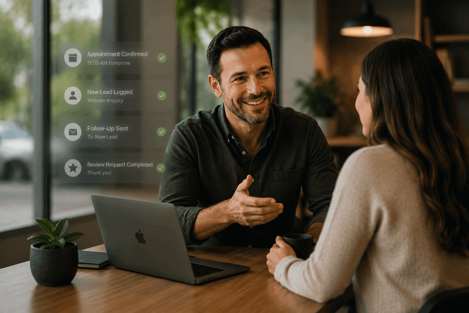 Business owner spending quality time with a customer while automated business systems quietly manage appointments, follow-up communication, lead tracking, and customer reviews in the background.