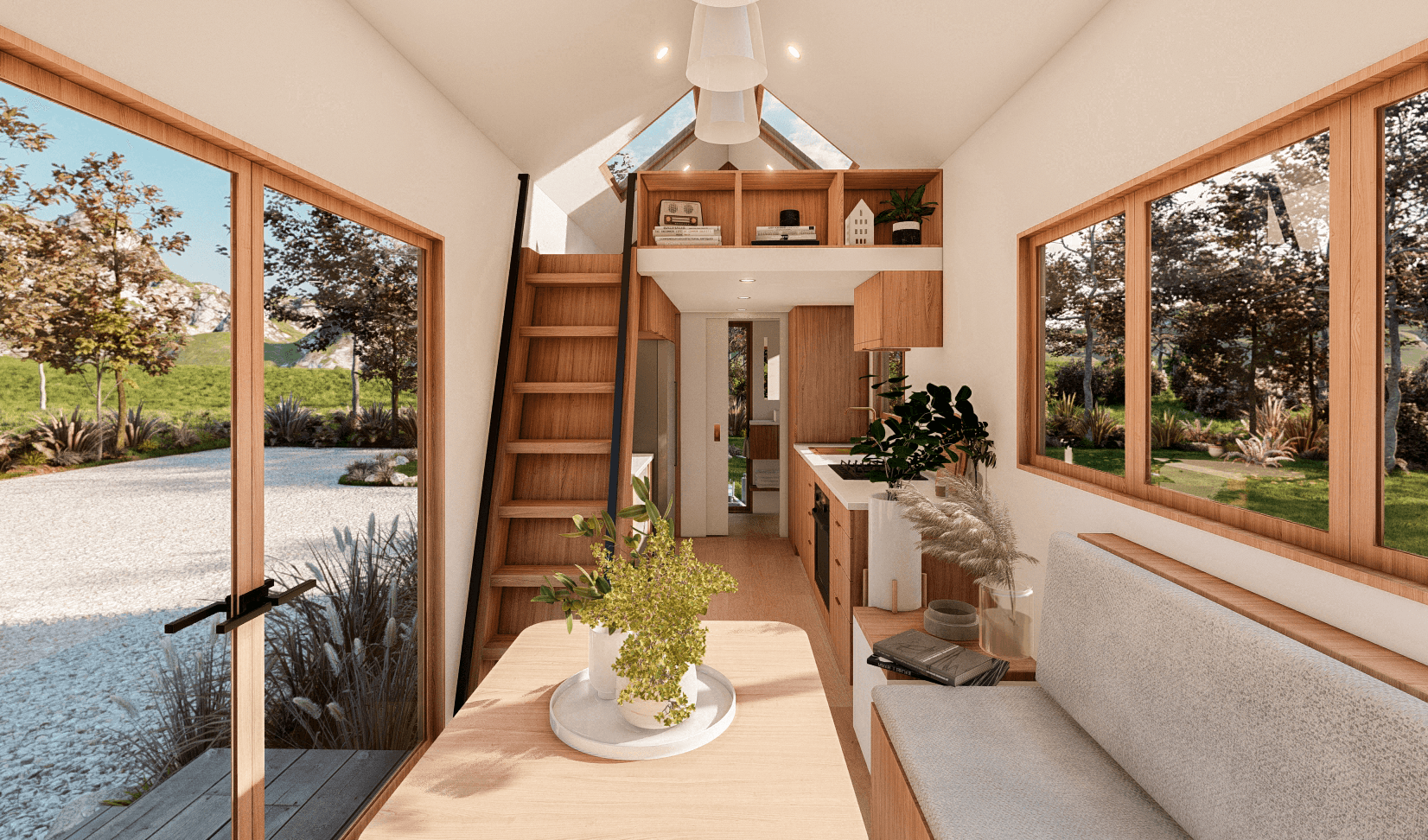Open plan tiny house living room