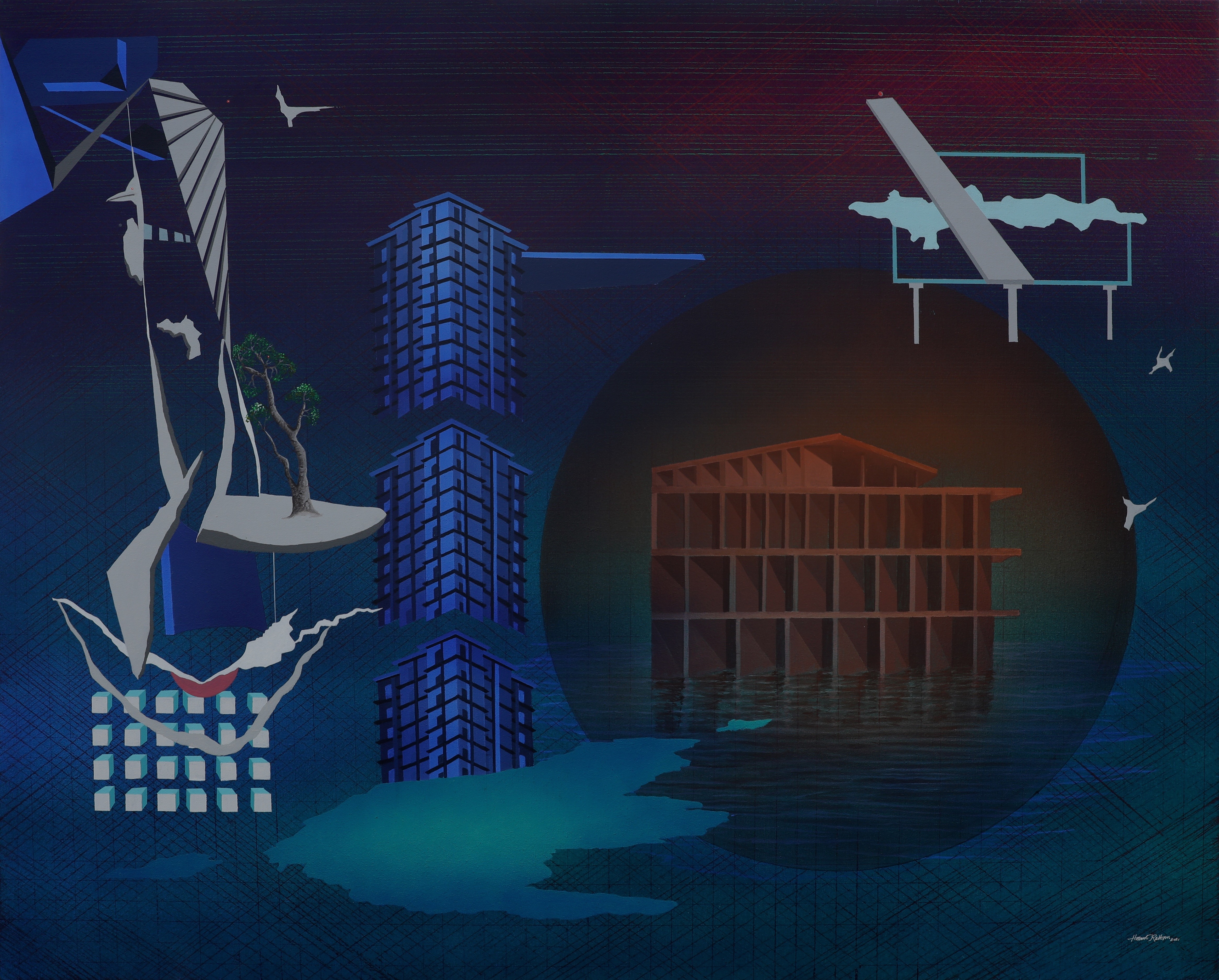 herd of sheep on road painting