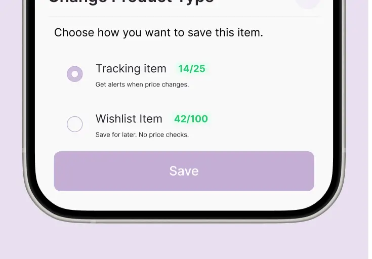 Whisprice Change Product Type screen showing Tracking item and Wishlist item selection with a Save button