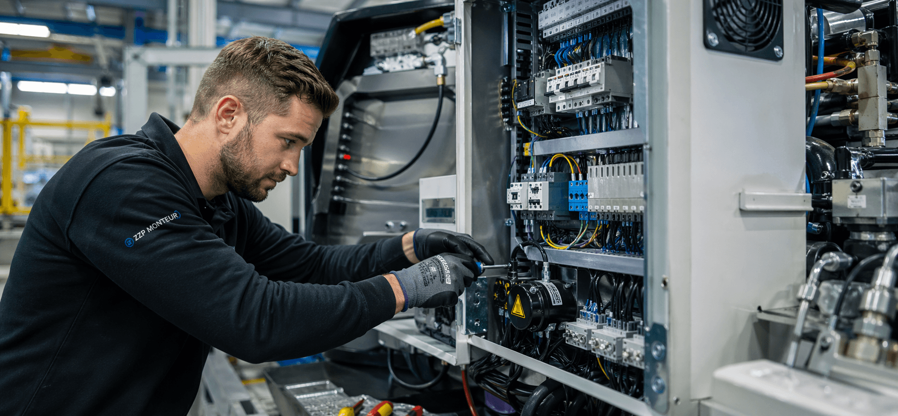 ZZP monteur werkend aan een elektrakast van een indusriele installatie. 