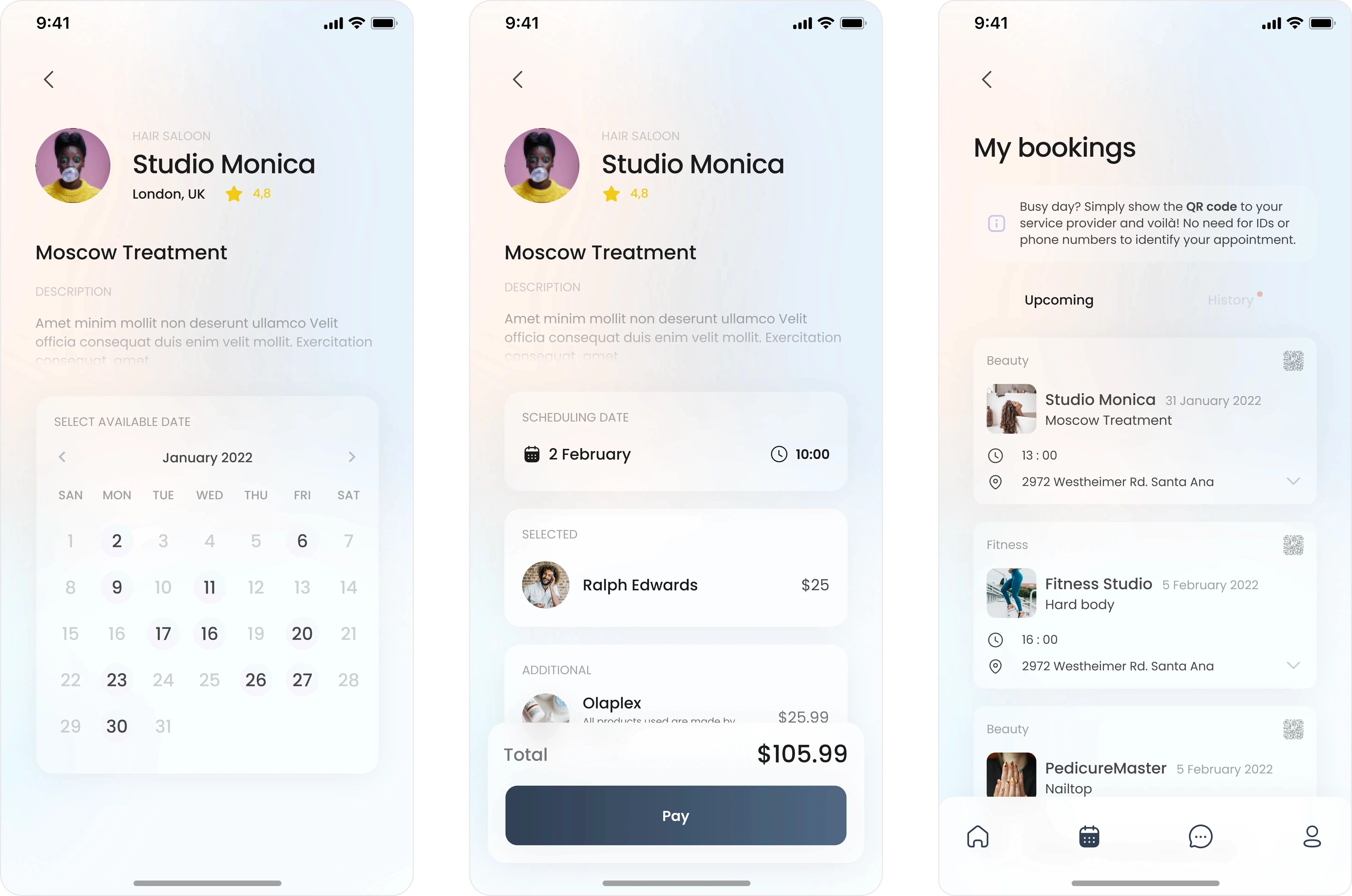 Set of redesigned Xwell mobile app screens showing the user rewards and wellness journey experience. The first screen welcomes Jessica, displaying her points balance, upcoming bookings and motivational content. The second screen highlights 165 reward points and a detailed history of completed beauty and wellness appointments, each showing studio name, price and points earned. The third screen presents illustrated ‘How to use points?’ and ‘How to get more points?’ guides that explain benefits and ways to increase rewards. Soft gradients, clean layouts and friendly visuals reflect Xwell’s modern, gamified approach to beauty and wellness service discovery and booking.