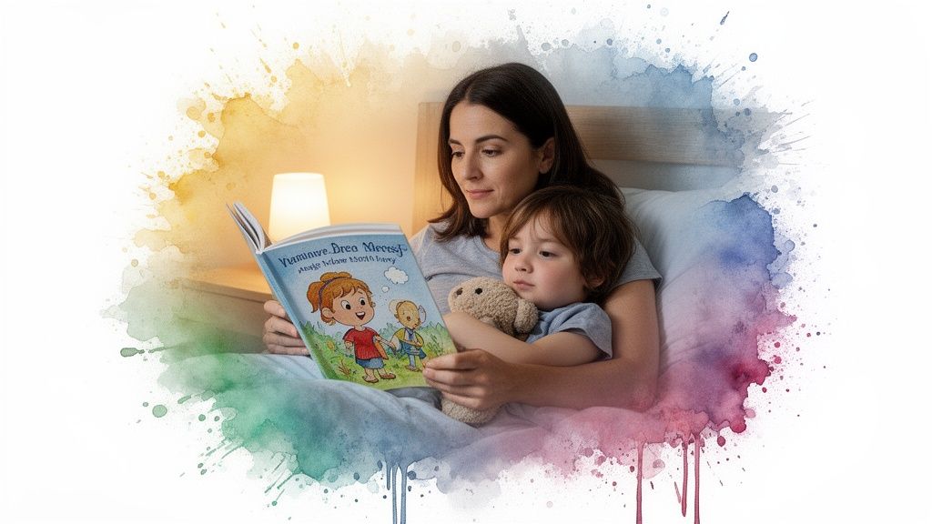 A mother reads a colorful storybook to her young child in bed, surrounded by a watercolor splash effect.