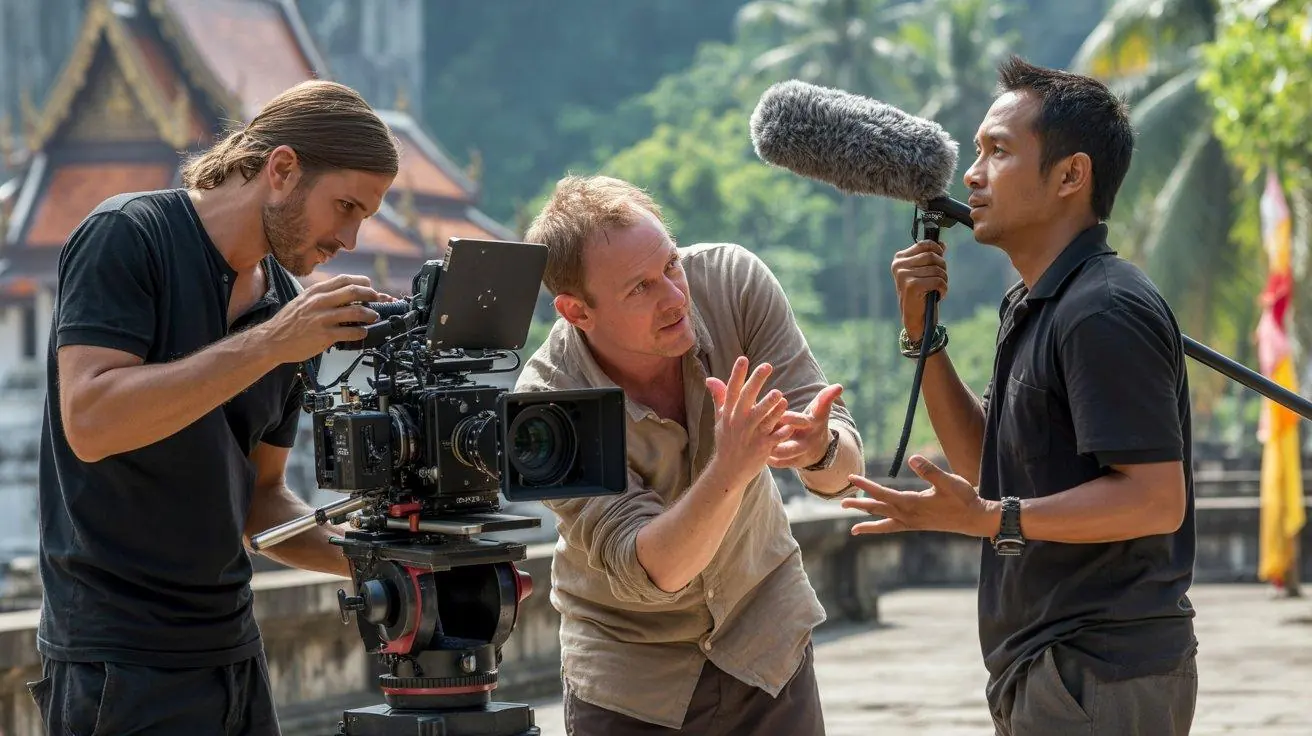 Film crew recording an interview at a temple location in Thailand