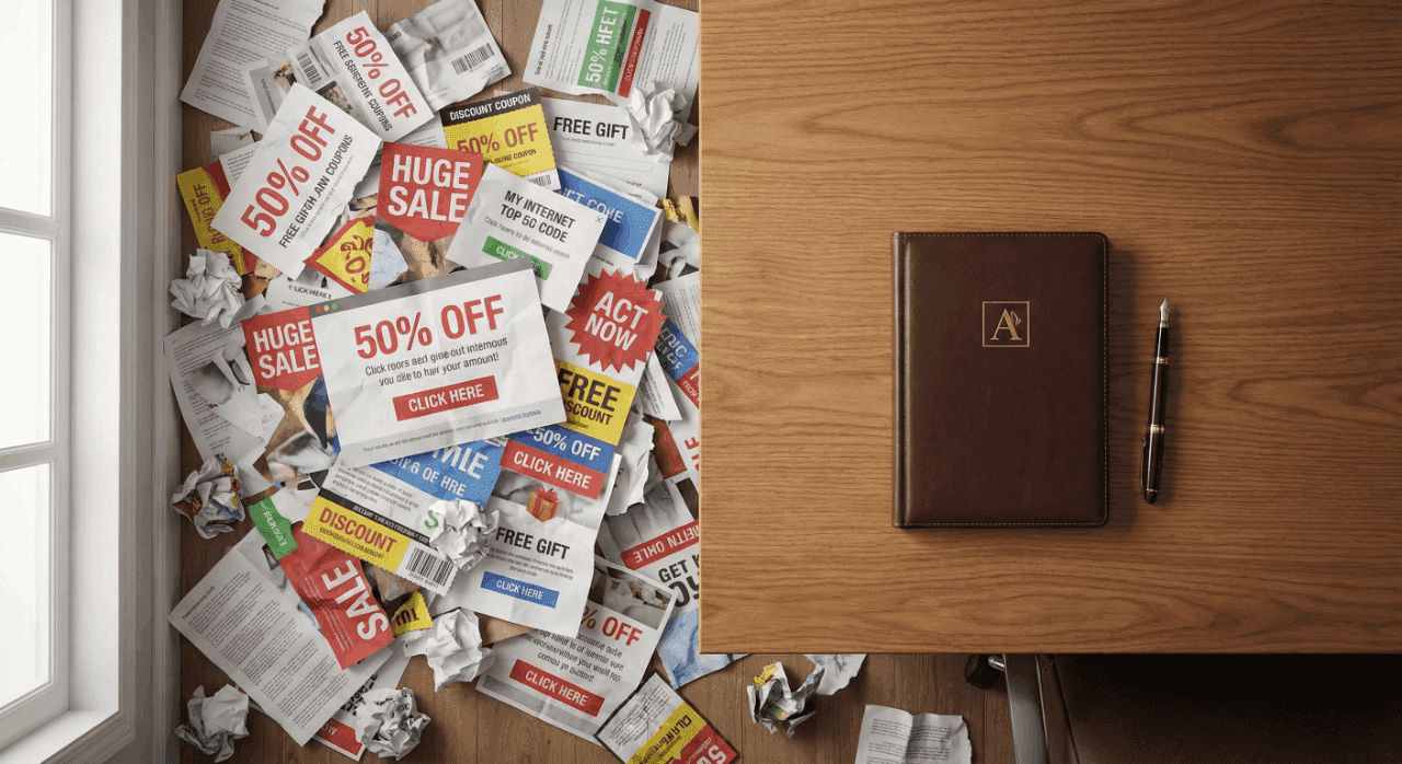 Comparison of messed-up advertising coupons and a clean workspace with a notebook on a desk.