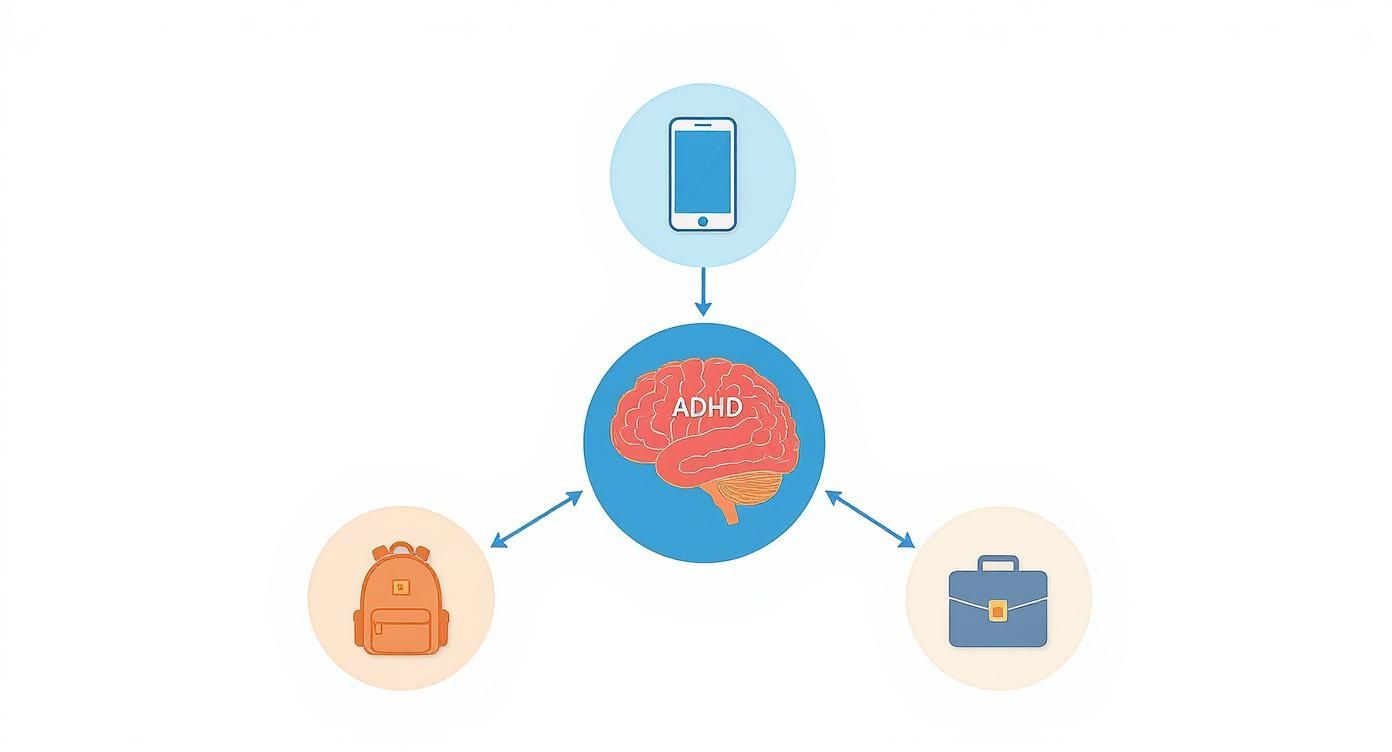 An infographic concept map on ADHD symptoms, with a central brain icon branching out to icons for childhood (backpack), teens (smartphone), and adults (briefcase).