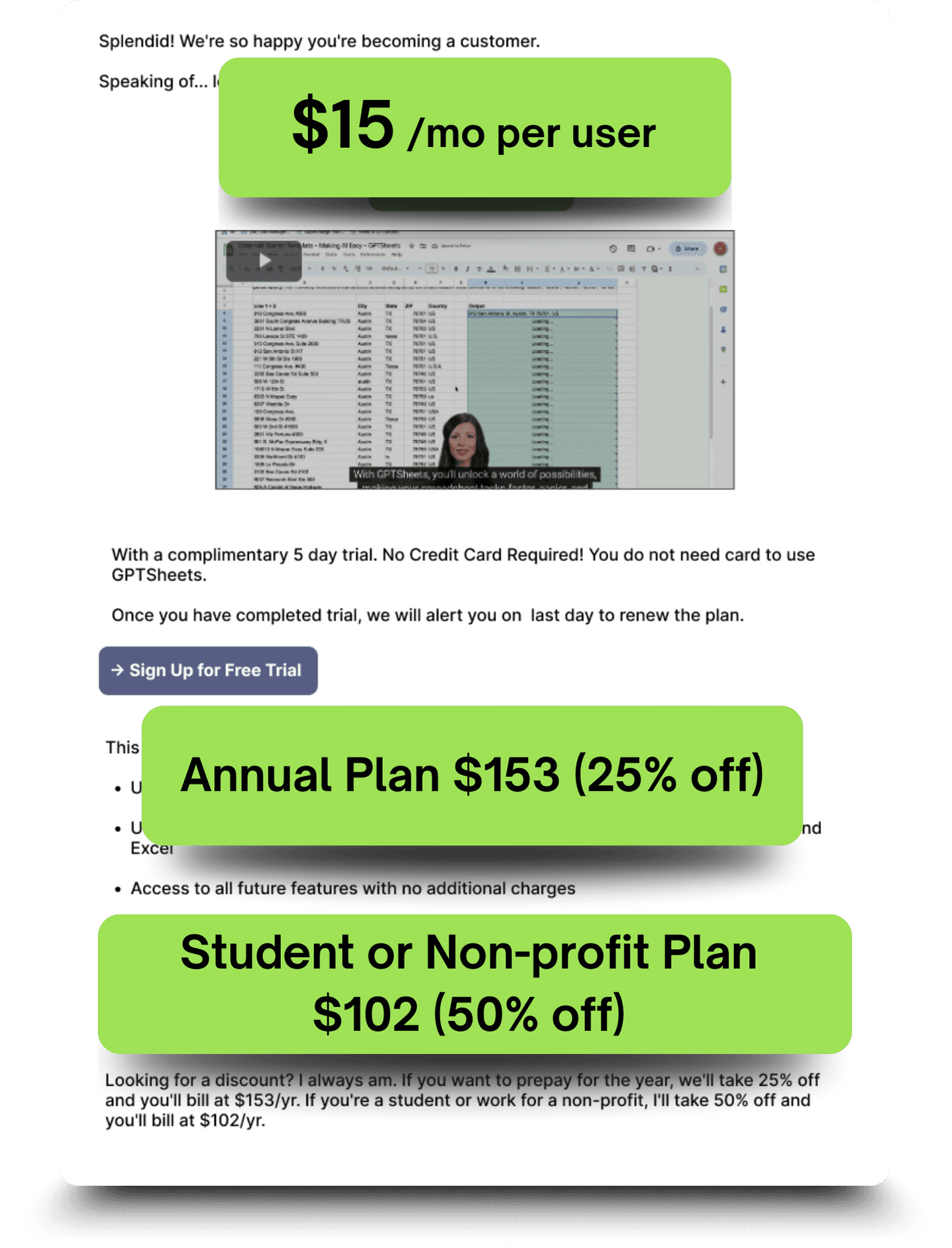 Original pricing sheet displaying $15/month, with an incorrectly calculated $153 annual plan and $102 student plan.