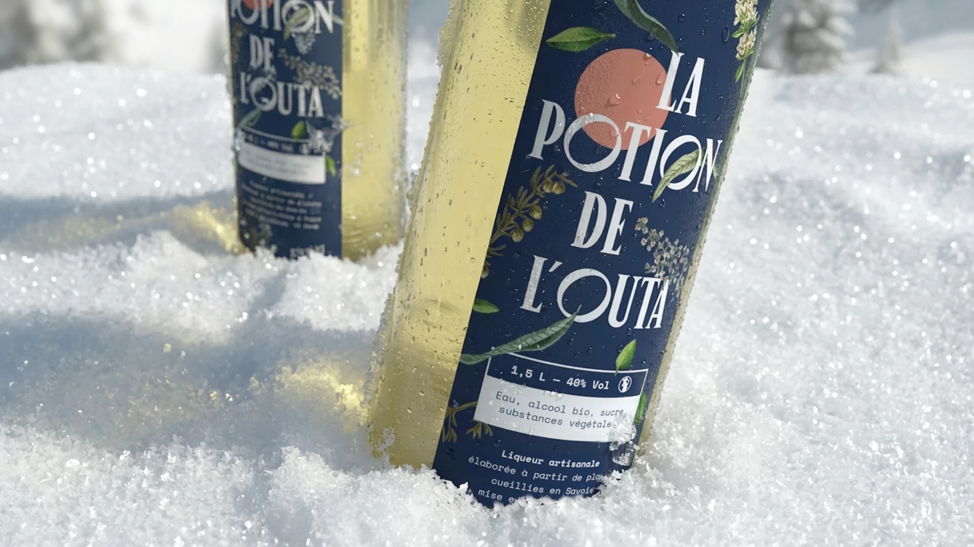 Photographie packshot en extérieur de la liqueur artisanale 'La Potion de l'Outa' : focus sur l'étiquette bleue et les gouttelettes de condensation dans un décor de neige.