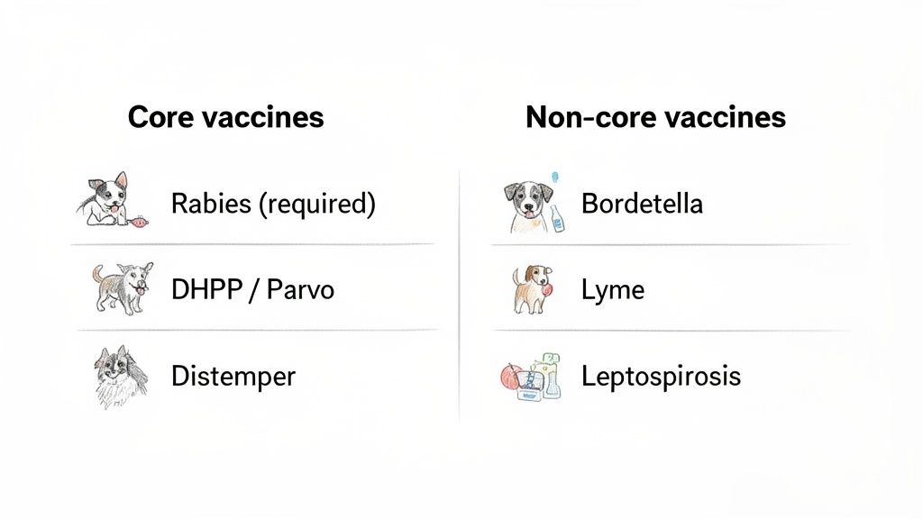 A list categorizing core and non-core vaccines for dogs, including Rabies, DHPP, and Bordetella.