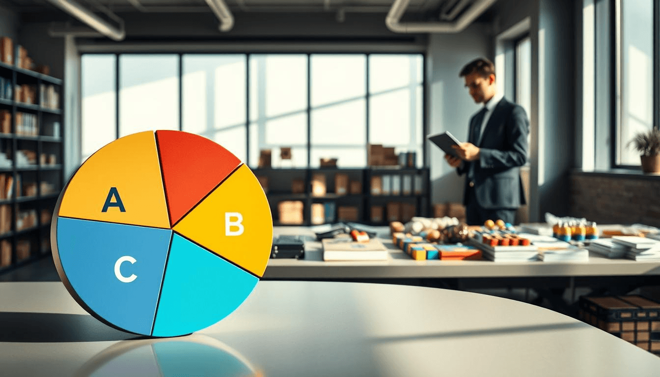 Businessman working behind large pie chart - ABC Inventory Classification