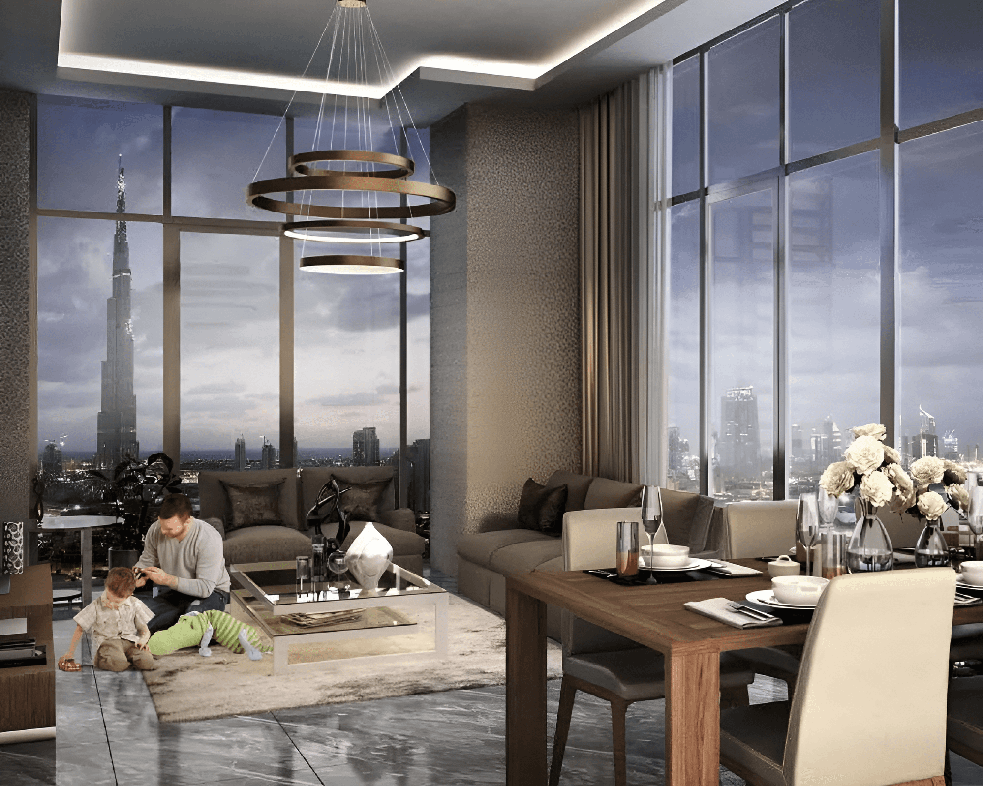 Spacious family dining and living area with contemporary furniture and panoramic urban views.