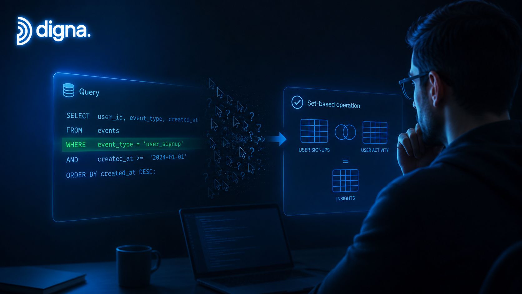 A professional analyzing a database SQL query and set-based operations on a glowing futuristic digital interface.